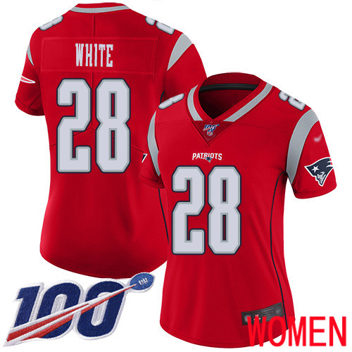New England Patriots Football #28 100th Season Inverted Limited Red Women James White NFL Jersey